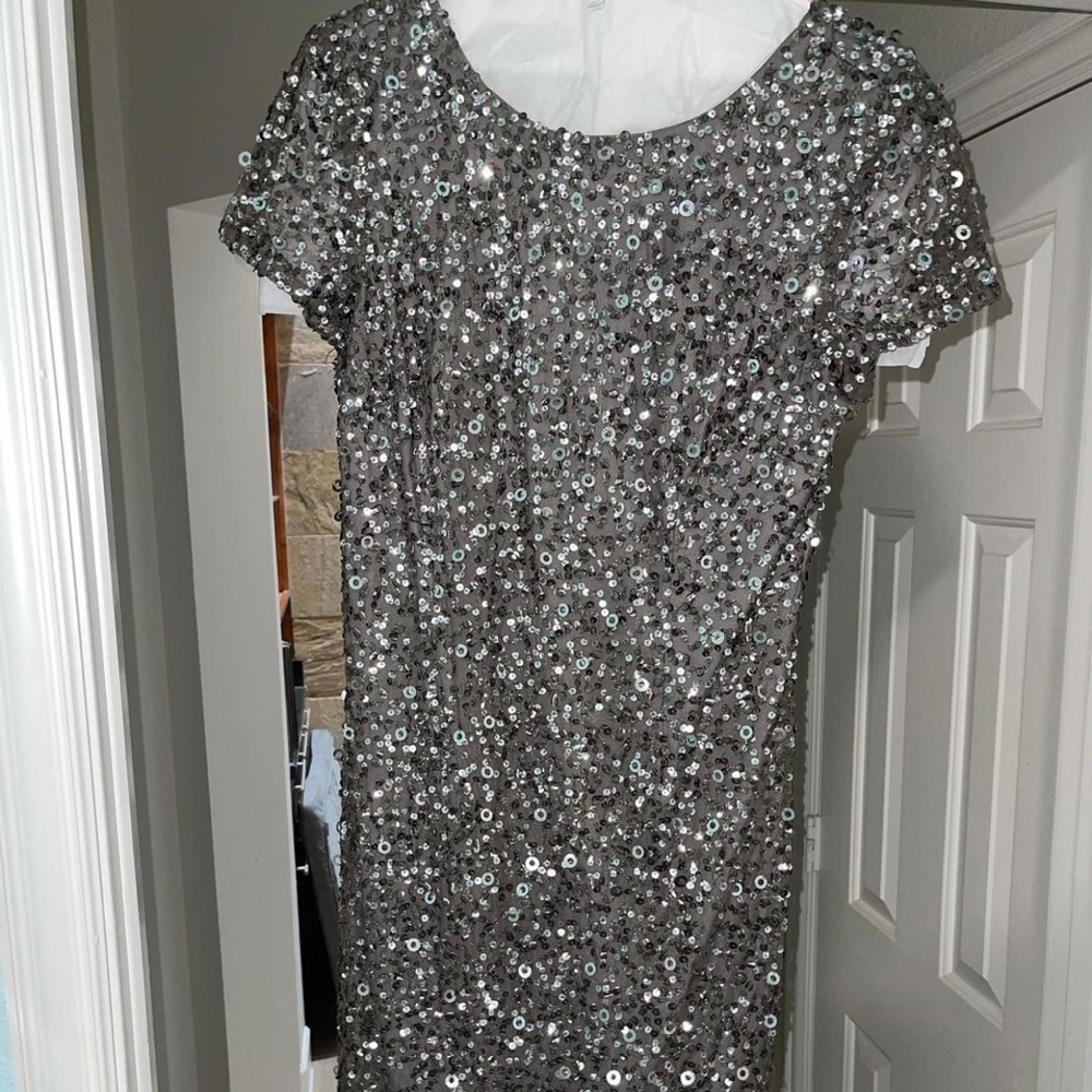 Audrianna papell platinum sequin dress